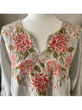 Johnny Was Cecile  Embroidered Linen Peasant Blouse. Grey, peach, olive, cream.